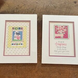 1992 Kathy Davis Matted Lithograph Set 8x10 Home Heart Rose Proverb 2pc Nursery‎